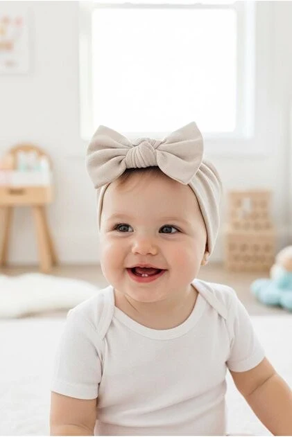 Babygiz Kız Bebek Çocuk Fiyonk Bağlamalı %100 Pamuklu Penye, Kaymaz, Ultra Esnek Yumuşak Saç Bandı