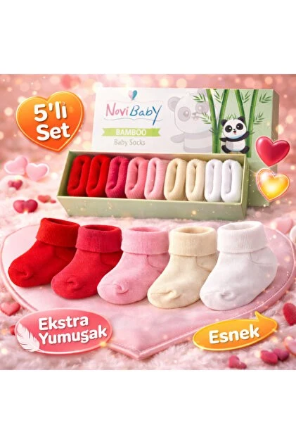 Novibaby 5'li Bambu Yenidoğan Bebek Çorap I Sweet I Kız Erkek Bebek Çorabı