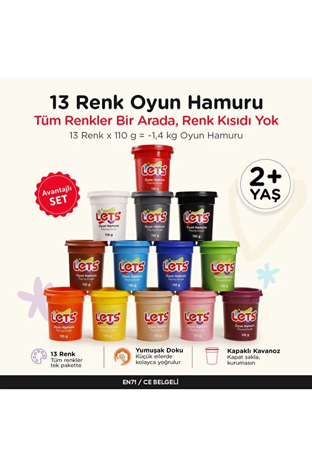 Lets Oyun Hamuru Seti 13 Renk – Tam Renk Koleksiyonu Let's